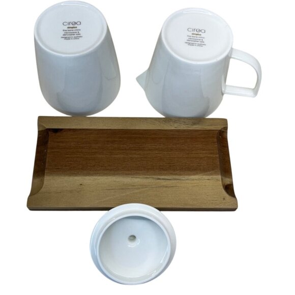 Ciroa Simplus White Creamer Sugar Bowl with Lid Wood Wooden Tray - Picture 6 of 9